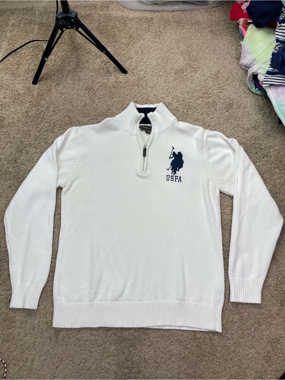 U.S. Polo‎ Assn. Men's White Quarter-Zip Sweater with Navy Logo